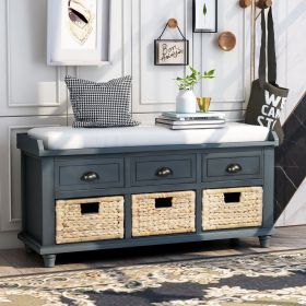 Rustic Storage Bench with 3 Drawers and 3 Rattan Baskets,Shoe Bench for Living Room,Entryway (Color: Antique Navy, Material: Solid Wood)