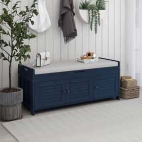 Storage Bench with 3 Shutter-shaped Doors,Shoe Bench with Removable Cushion and Hidden Storage Space (Color: Antique Navy, Material: MDF)