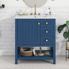 30inch Transitional Style Bathroom Vanity Cabinet Combo with Ceramic Sink (Color: Blue, Material: Solid Wood+MDF)