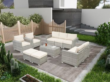 10 Piece PE Rattan Patio Furniture Set, Sectional Sofa Set, Outdoor Patio Furniture Set With Cushions & Tempered Glass Coffee Table (Main Color: Antique White+Gray, Main Material: PE Rattan+Iron+Waterproof Fabric)