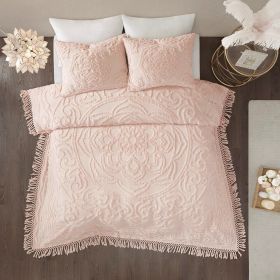 Romantic Boho Chic Tufted Cotton Chenille Medallion Fringe Coverlet Set, Blush (size: Full/Queen)