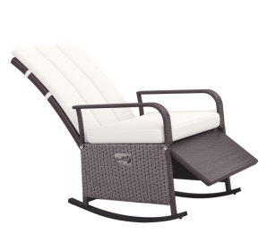 Rattan Wicker Rocking Chair Outdoor Patio Recliner Cream Soft Cushion Adjustable Footrest (Color: White)