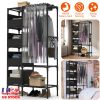 Portable Closet Wardrobe Clothes Storage Cabinet Organizer Garment Hanging Rack Shelves with 4 Storage Bags 1 Shelf 1 Hanging Rod 4 Hooks