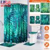 4Pcs Green Leaves Shower Curtain Set with Shower Curtain and 12 Hooks Non-Slip Rug Toilet Lid Cover U Shape Mat