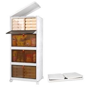 4-Tier Foldable Storage Bins with Lid Front Magnetic Door Collapsible Stackable Closet Organizer Containers with 4Pcs 360° Rotatable Wheels (Option: 43.5CM)