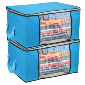 2Pcs Clothes Storage Bag 90L Large Capacity Foldable Closet Organizer w/ Thick Fabric Clear Window Dual-Zipper for Clothes Comforters Blankets Bedding (Option: Blue)