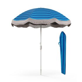 6.5 FT Beach Umbrella With Fringe Outdoor Tassel Umbrella With Push Button Tilt (Color: Navy Blue)