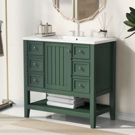 36 Bathroom Vanity With Sink, One Cabinet And Three Drawers, Solid Wood And MDF Board, (Color: Green)